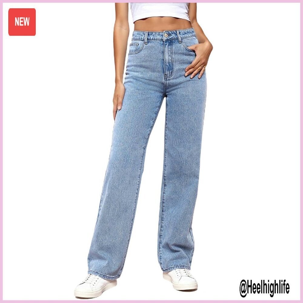 High Waisted Straight Leg Jeans Tummy Control Stretchy Denim Pants